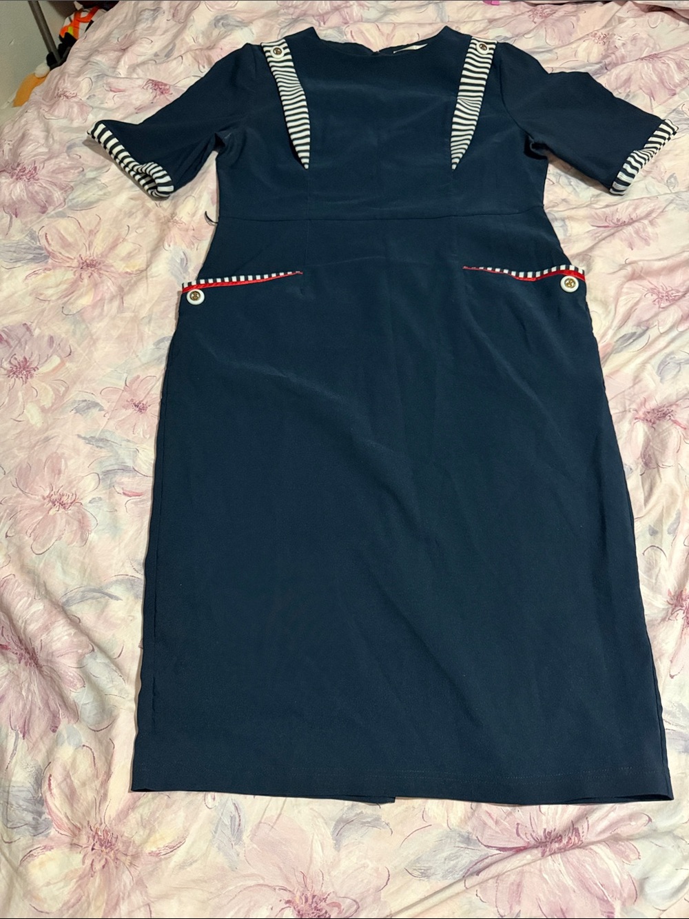 Tatyana Navy Midi Dress with Stripe Trim